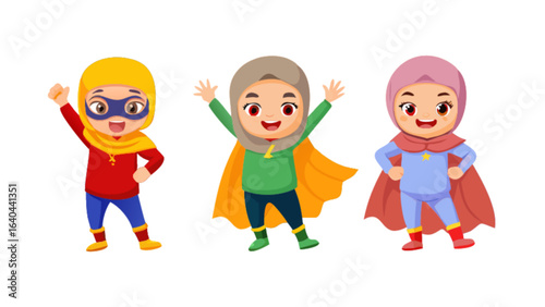Super hero muslim girls cartoon characters vector illustration for kids and children design art