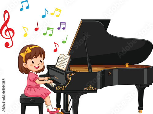 Young girl playing grand piano, child pianist practicing music, colorful musical notes, kids learning piano, joyful music moment, music education, classical piano, talented child performer