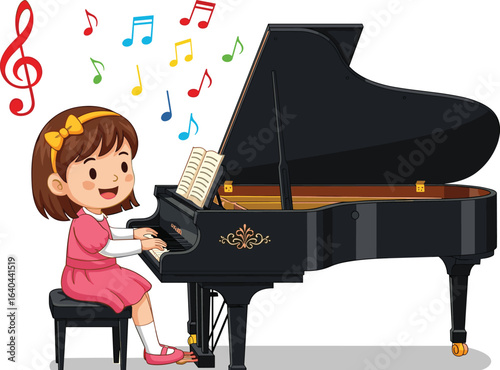 Happy young girl playing grand piano, child pianist practicing music, colorful musical notes, kids learning piano, music education, joyful performance, talented child musician
