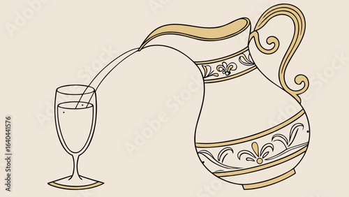 Elegant water pitcher pouring water into a glass vintage illustration for beverage and drink concepts