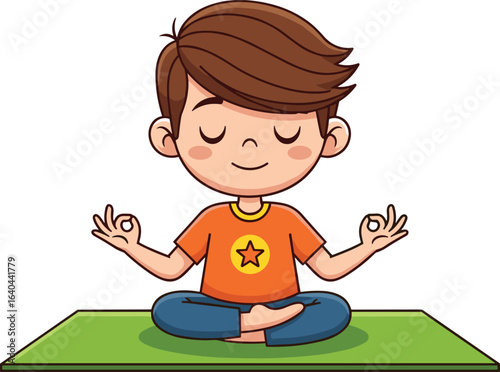 Boy meditating peacefully on yoga mat, calm child practicing mindfulness, sitting cross-legged, relaxation, focus, inner peace, healthy lifestyle, mindfulness exercise, kids yoga, tranquil moment
