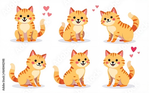 Cute and smile cat doodle vector set. Adorable cat or fluffy kitten character design collection with flat color, different poses on white background. Design illustration for sticker, comic, print.