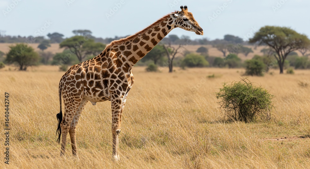 Giraffe Standing in Savannah Landscape with Tall Grass and Scattered Trees Giraffe Standing in Savannah Landscape with Tall Grass and Scattered Trees