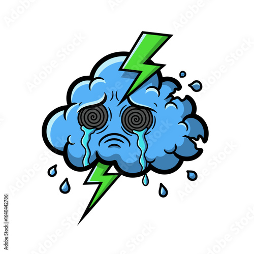 Cartoon blue cloud character with spiral eyes, tears, and a green lightning bolt.