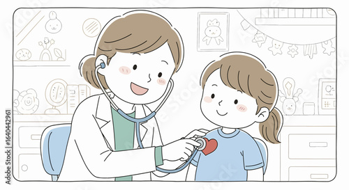 Smiling doctor examining a young girl with a heart on her shirt.