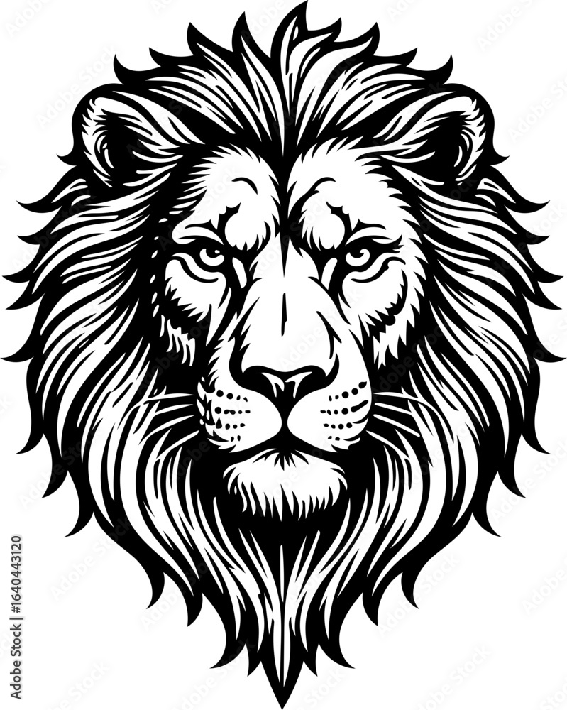 Fototapeta premium Detailed Lion Head Emblem - Strong Monochrome Line Art Vector Badge