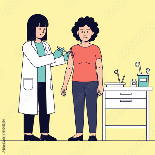 Doctor administering vaccine to patient with curly hair in clinic setting.