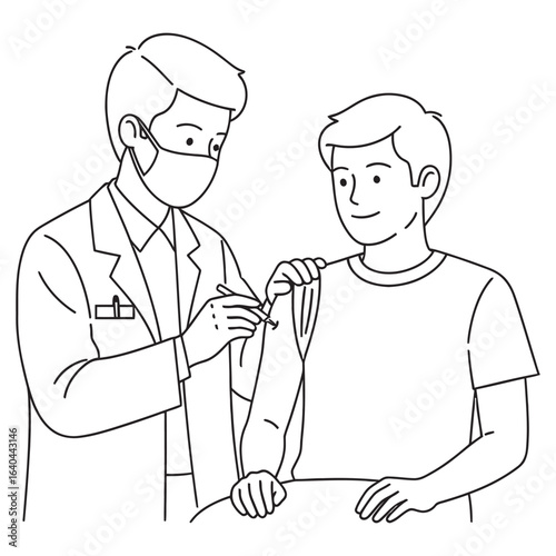 Doctor administering vaccine to patient with a smile line art illustration.