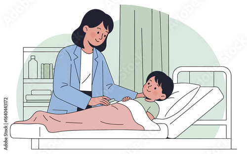 Doctor Comforting Child Patient in Hospital Bed with Gentle Examination.