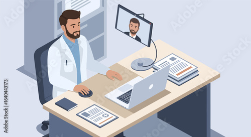 Doctor conducting a virtual consultation via video call.