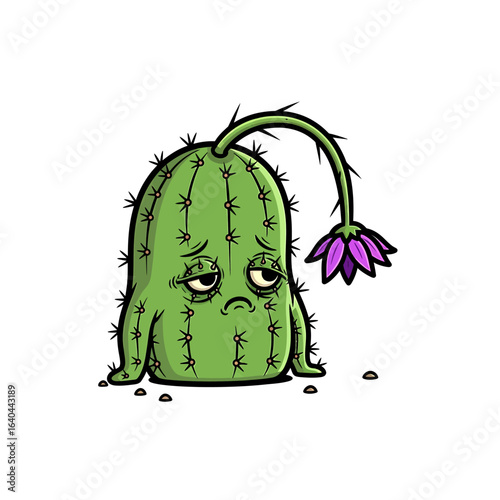 Depressed Green Cactus Character with Drooping Purple Flower and Downcast Expression