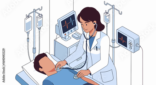 Doctor with stethoscope examining patient lying in hospital bed with monitors.