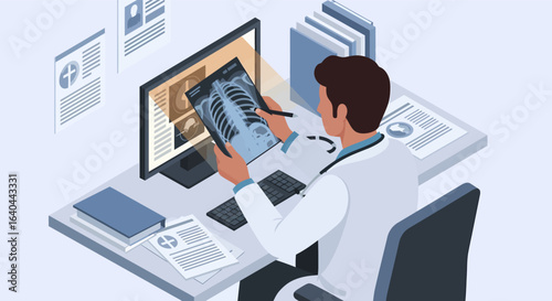 Doctor Reviewing XRay on Computer and Tablet.