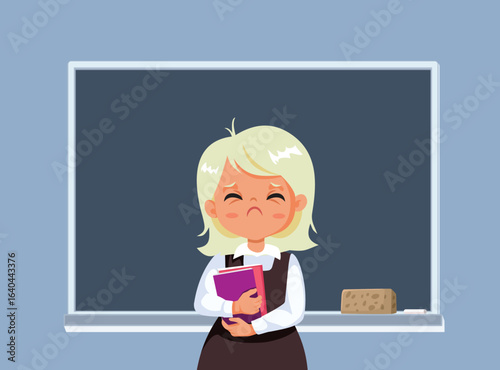 Sad Student in Front of the Classroom Vector Cartoon Character. Stressed schoolgirl feeling unprepared to say the lesson 
