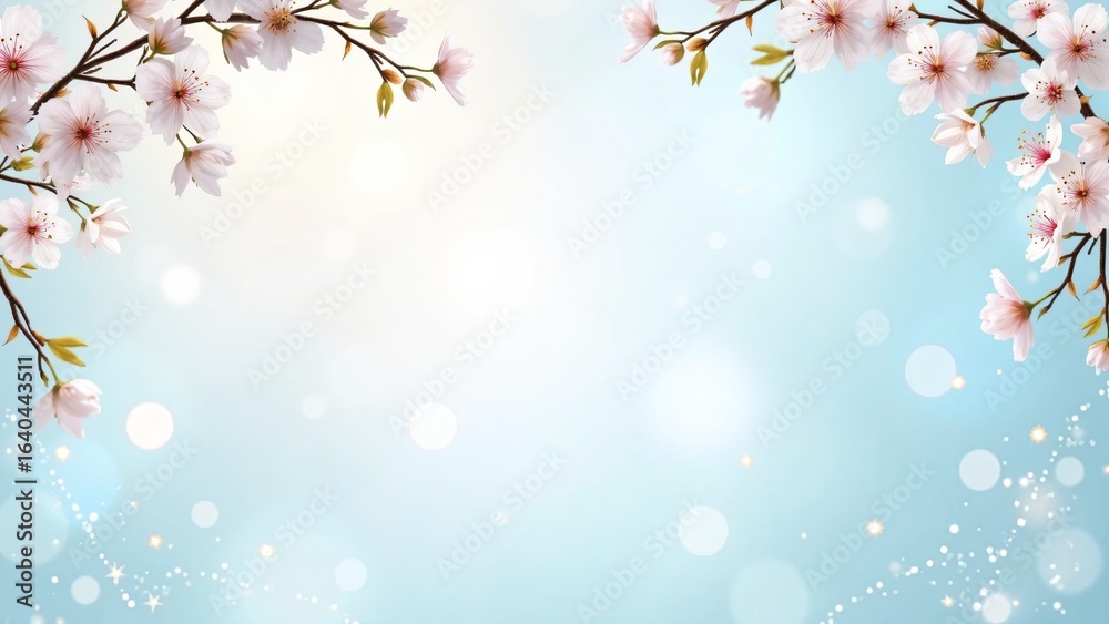 Fototapeta premium Blooming sakura flower backdrop with soft blue gradient and light sparkles for seasonal wallpaper design