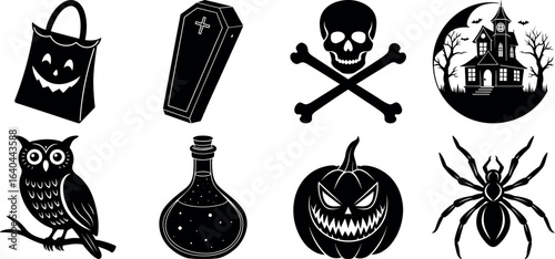 Set of halloween silhouettes black icon and character. witch, creepy and spooky elements for halloween decorations, sticker. Vectors on isolated background.