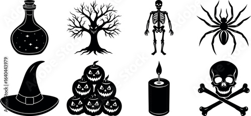 Set of halloween silhouettes black icon and character. witch, creepy and spooky elements for halloween decorations, sticker. Vectors on isolated background.