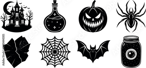 Set of halloween silhouettes black icon and character. witch, creepy and spooky elements for halloween decorations, sticker. Vectors on isolated background.