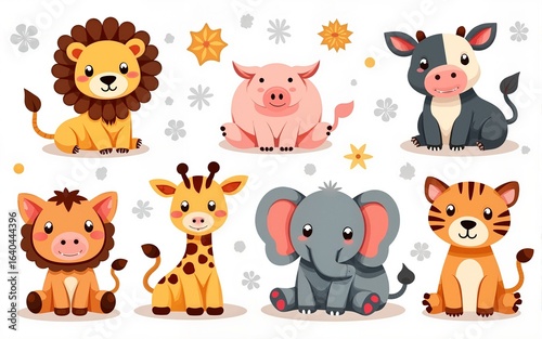 Wallpaper Mural Set of cute animal vector. Friendly baby wild life with lion, elephant, pig, cow, giraffe, tiger in doodle pattern. Adorable funny animal and many characters hand drawn collection on white background. Torontodigital.ca