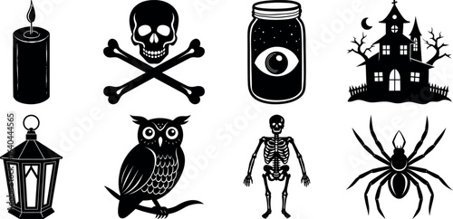 Set of halloween silhouettes black icon and character. witch, creepy and spooky elements for halloween decorations, sticker. Vectors on isolated background.
