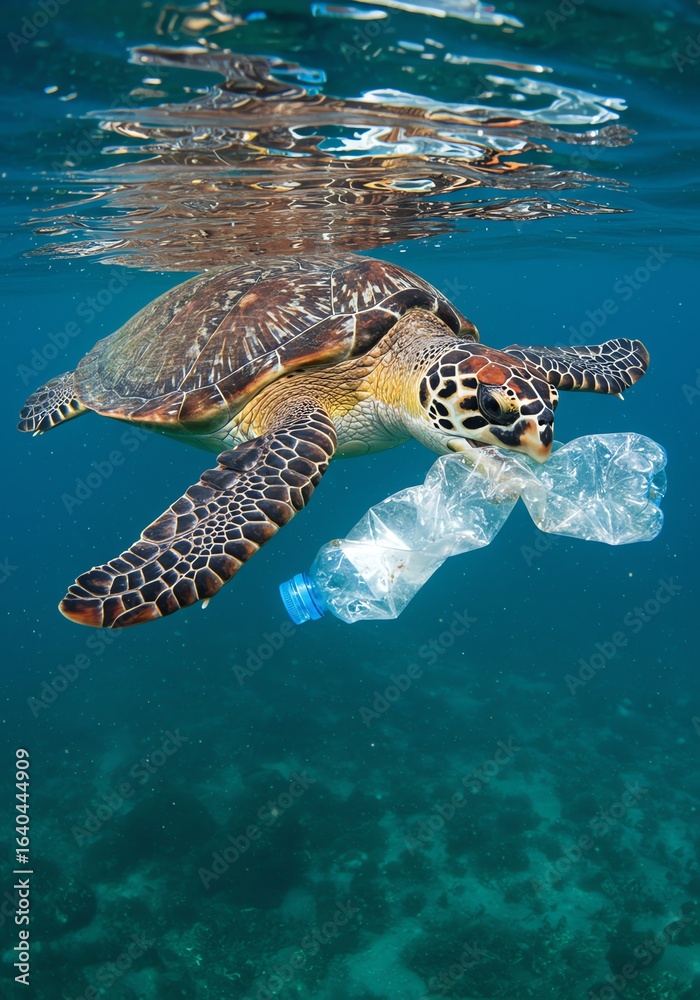 Obraz premium Sea Turtle Swimming Underwater with Plastic Bottle in Ocean