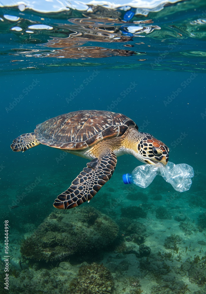 Obraz premium Sea Turtle Swimming Underwater Carrying Plastic Bottle in Ocean
