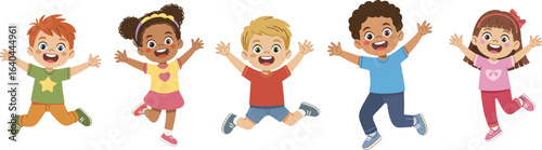 Happy kids jumping, diverse children smiling, playful boys and girls, childhood joy, energetic children, multiracial kids, cheerful kids jumping.