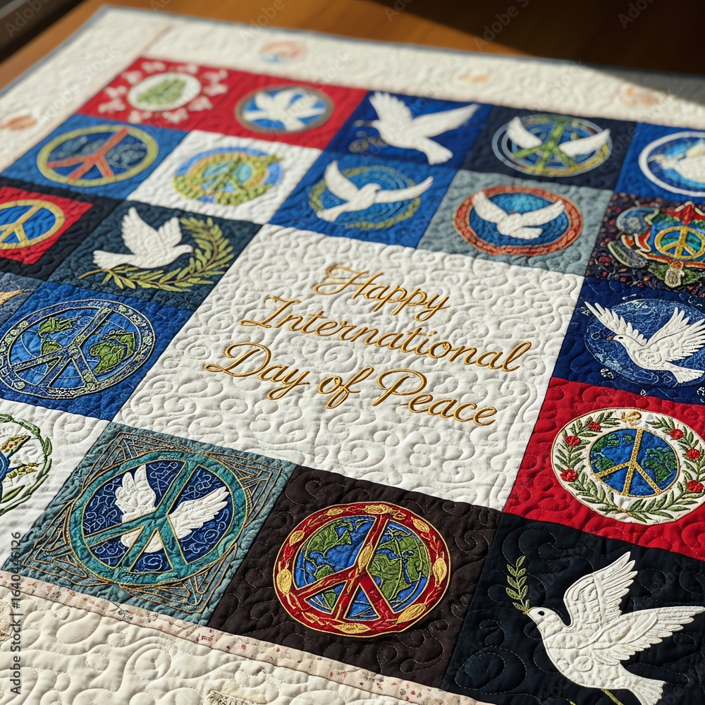 Naklejka premium A handmade quilt featuring various peace symbols, doves, and the text 