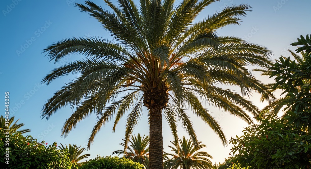Obraz premium Tropical Palm Tree with Green Fronds Under Clear Blue Sky During Sunset