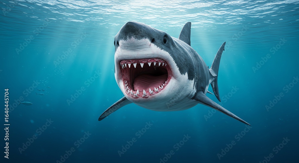 Obraz premium Aggressive Great White Shark Swimming in Deep Ocean Waters