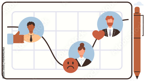 Team members linked by a timeline showing emotion icons, from sadness to positivity, on a board. Ideal for emotion tracking, feedback visualization, teamwork, leadership, decision-making, analytics