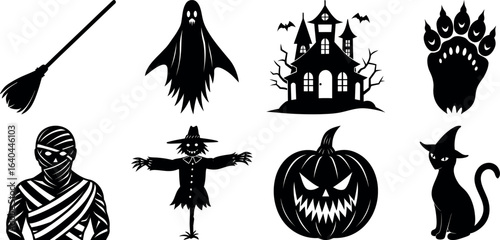 Set of halloween silhouettes black icon and character. witch, creepy and spooky elements for halloween decorations, sticker. Vectors on isolated background.