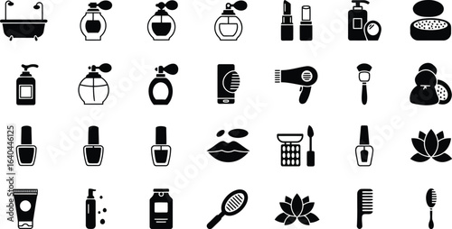 Beauty cosmetics icons makeup skincare haircare fragrance
