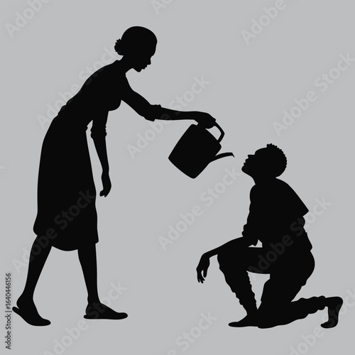 Woman Giving Water to a Thirsty Traveler silhouette vector design art and illustration