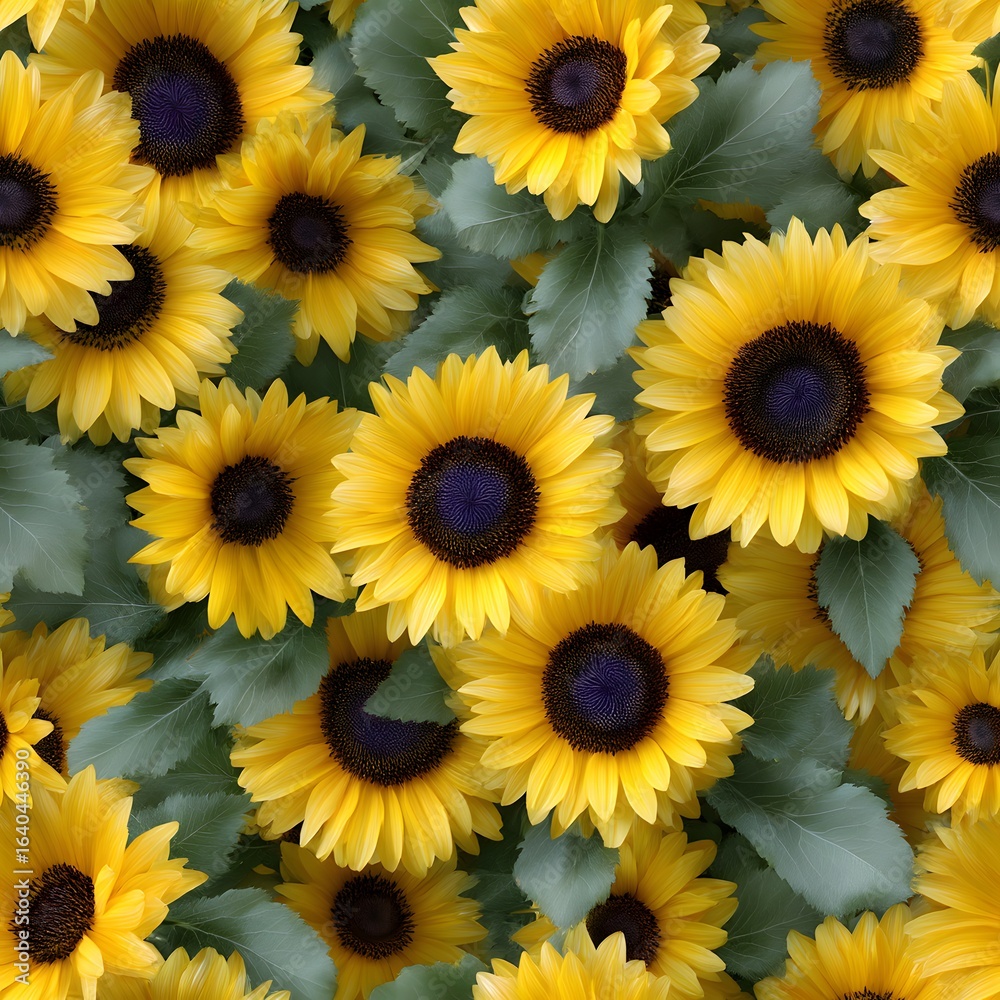 Fototapeta premium A vibrant digital art pattern shows a dense sunflower field with bright yellow petals and dark centers, creating a beautiful and cheerful repeating backdrop.