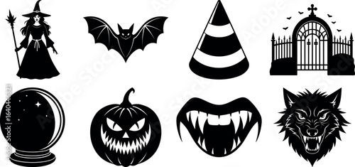 Set of halloween silhouettes black icon and character. witch, creepy and spooky elements for halloween decorations, sticker. Vectors on isolated background.