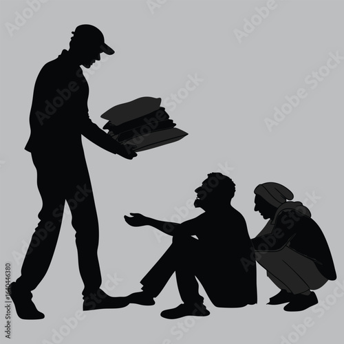 Volunteer Distributing Blankets to Homeless silhouette vector design art and illustration