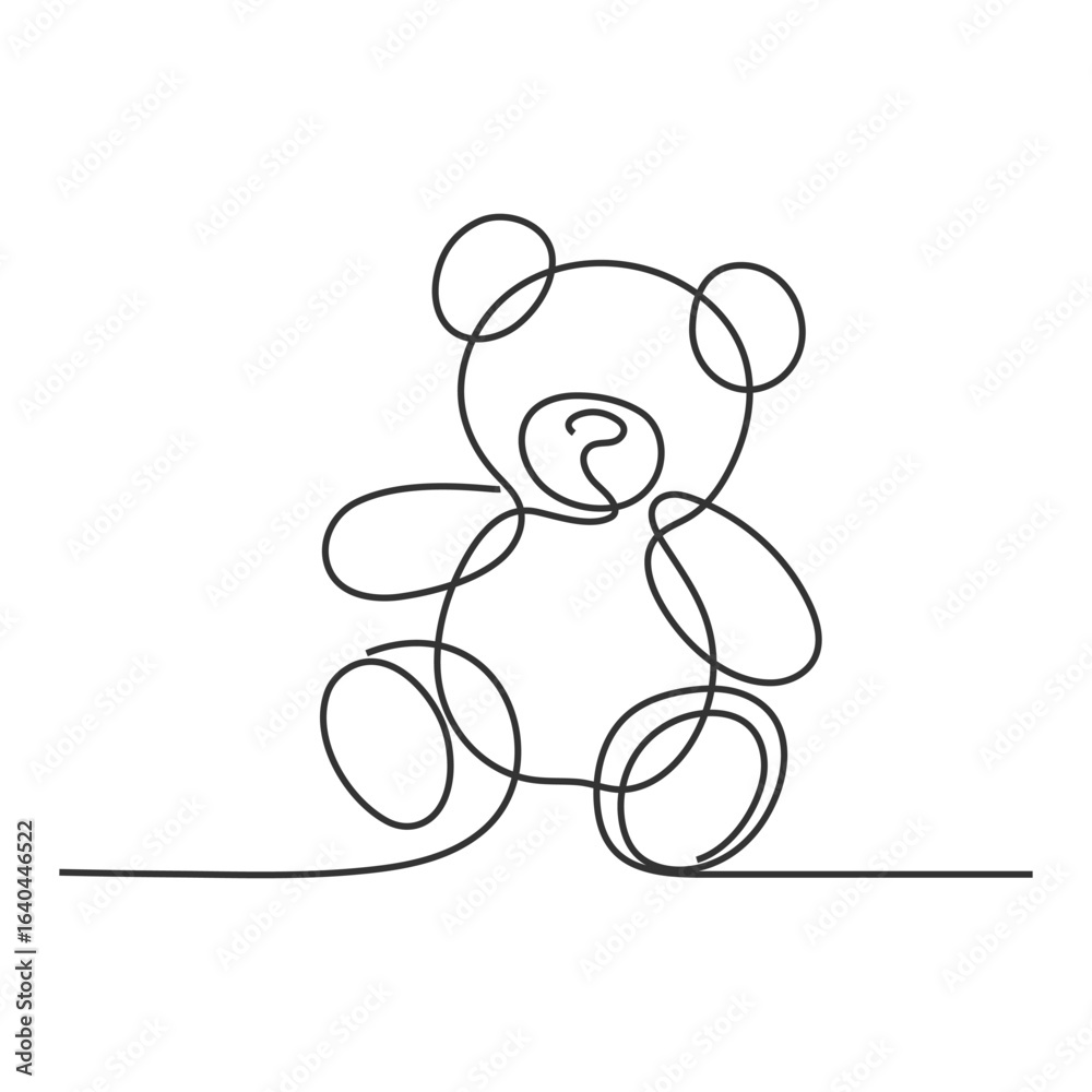 Obraz premium One continuous line drawing of Teddy bear. Soft toy symbol of friendship, children' in simple linear style. Concept for birthday gift and greeting card in editable stroke. Doodle vector illustration. 
