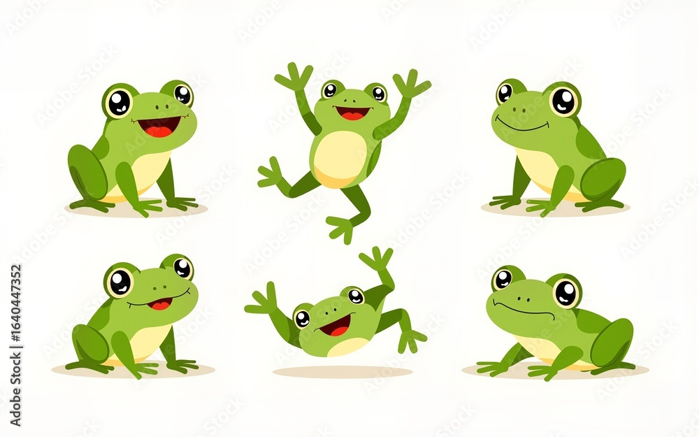 Fototapeta premium Cute Green Frog Smiling, Jumping, and Croaking Vector Set. High quality