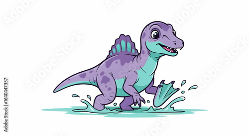 Cute Purple and Blue Dinosaur Cartoon Swimming Playfully in Water