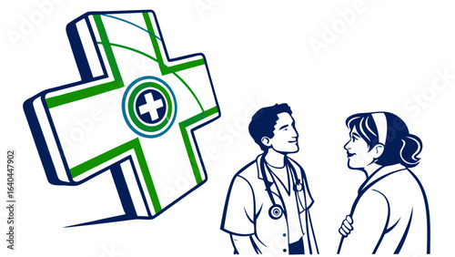 Doctor and Nurse with Health Icon - A Professional Medical Illustration Featuring Healthcare Workers and a Symbol of Health, Perfect for Representing Medical Care, Wellness, and Healthcare Services