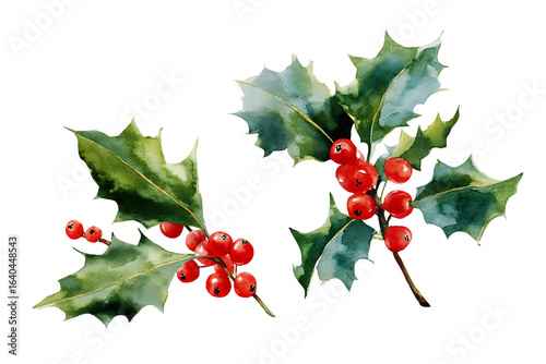 Two sprigs of watercolor holly with vibrant green leaves and glossy red berries on a transparent background, PNG
