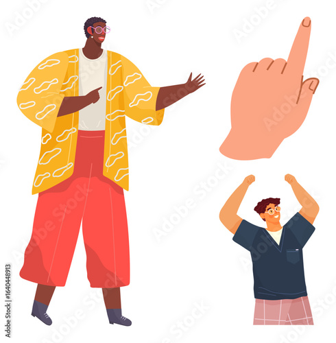 Person gesturing in a bold outfit, raised hands in celebration, and pointing hand gesture. Ideal for creativity, teamwork, motivation, enthusiasm, individuality collaboration positivity. Simple