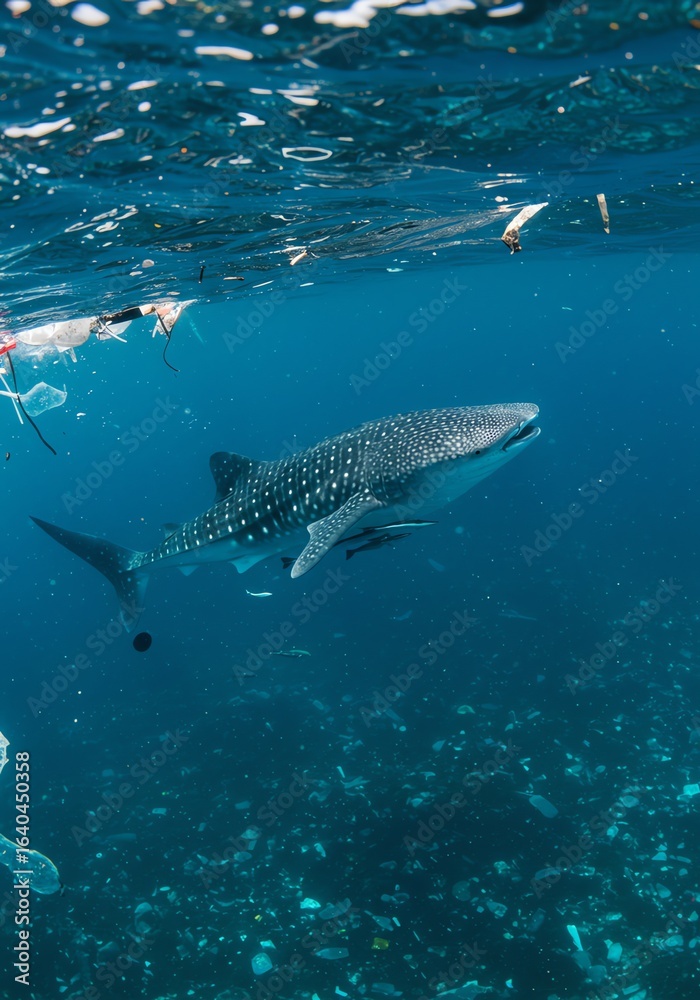 Fototapeta premium Whale Shark Swimming in Ocean with Plastic Debris and Fish Underwater