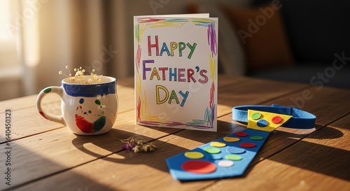 A handmade Father's Day card, a paper tie craft, and a warm drink on a sunlit wooden table, creating a heartfelt and cozy scene.