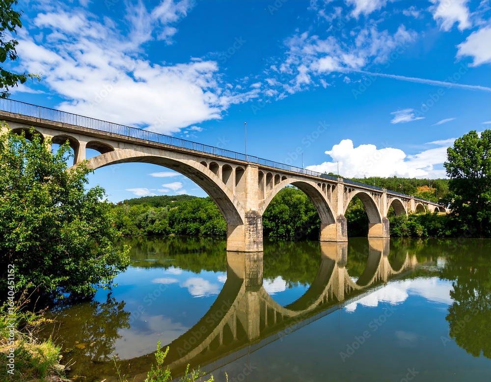 Fototapeta premium Serene bridge reflecting on the tranquil river surface under a vibrant blue sky in summertime