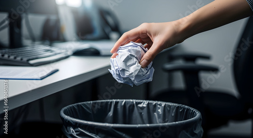 Hand throwing crumpled paper into trash can office workplace waste disposal recycling clutter cleanup tidying up organization efficiency productivity work environment modern office desk workspace