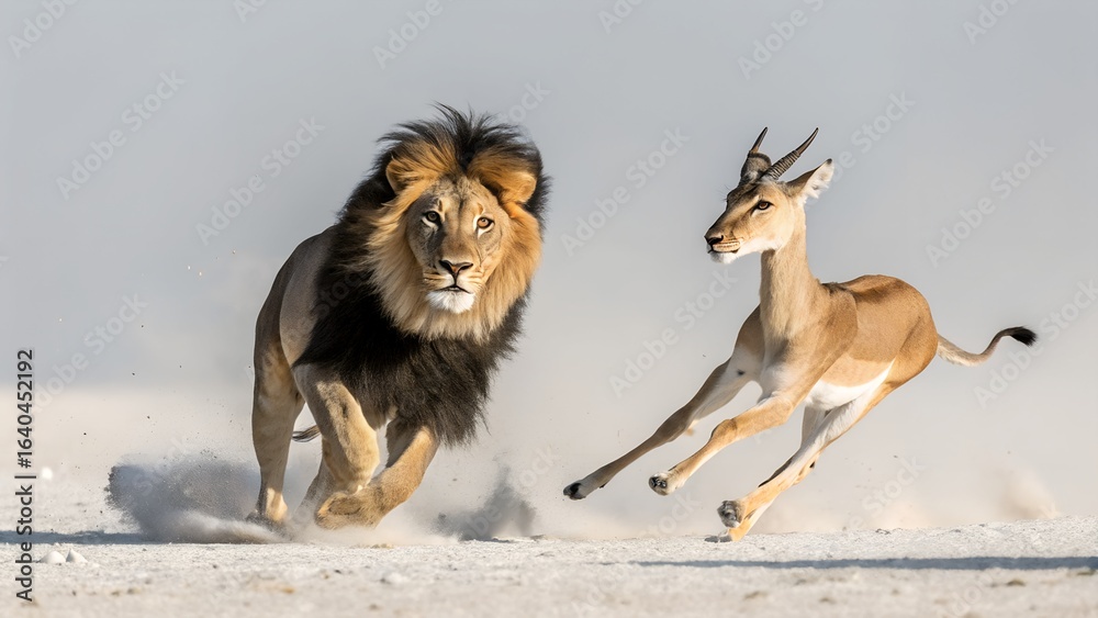 Naklejka premium Lion Chasing Gazelle on a White Background , Lion attacks deer 