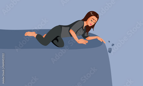 Sad Depressed Woman on the Edge of a Cliff Vector Illustration. Vulnerable person struggling with her problems being anxious 
