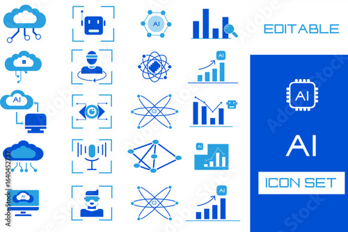 Artificial Intelligence Cloud Computing , Face recognizer Neural Network and Data Analysis Icon Vector Set